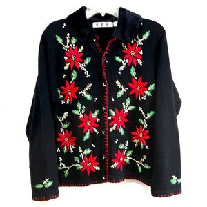 OHI Black Christmas Cardigan Faux Fur Collar Festive Embroidery Beading Women 1X